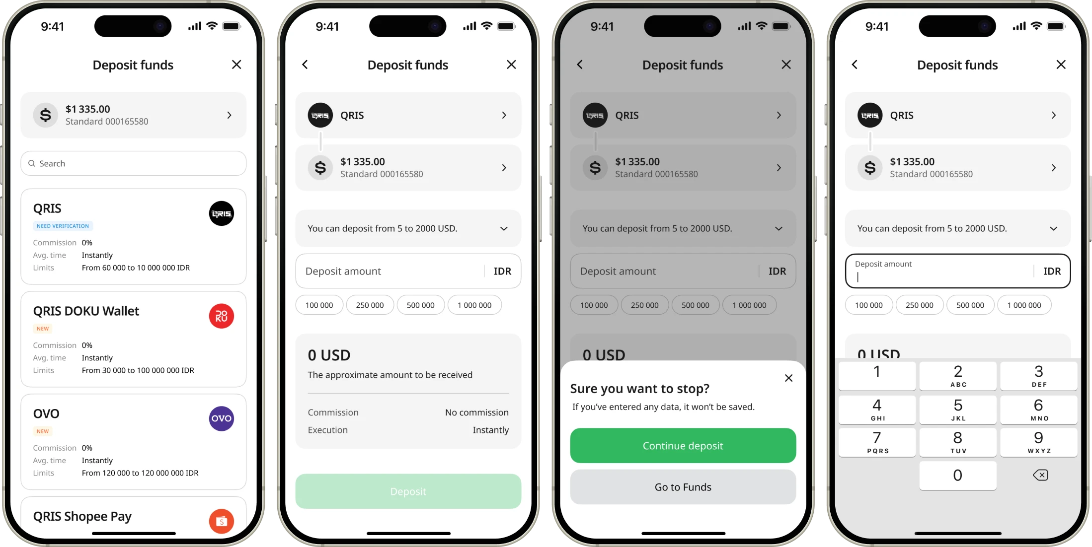 FBS Billing — deposit flow, light theme