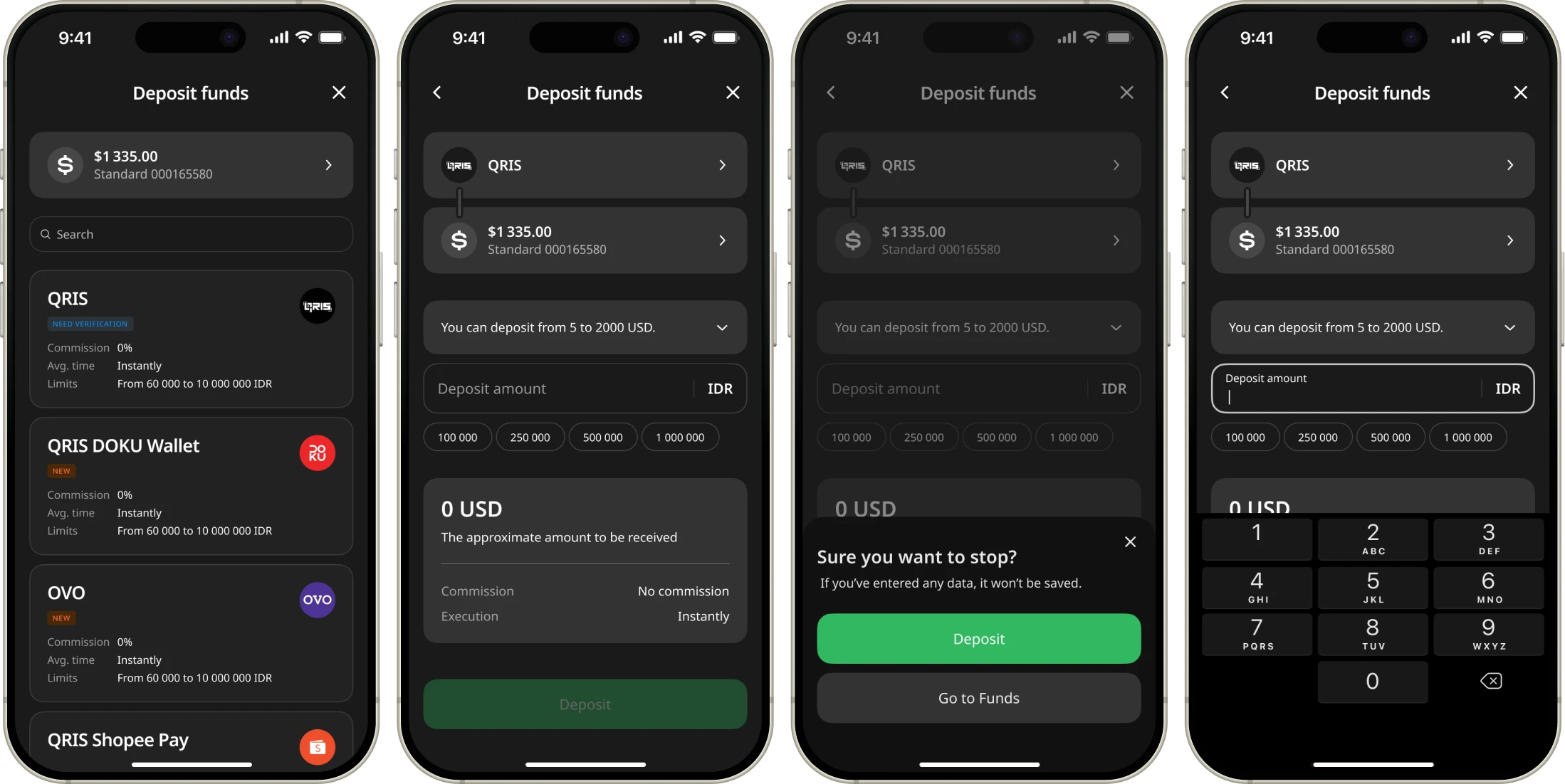 FBS Billing — deposit flow, dark theme